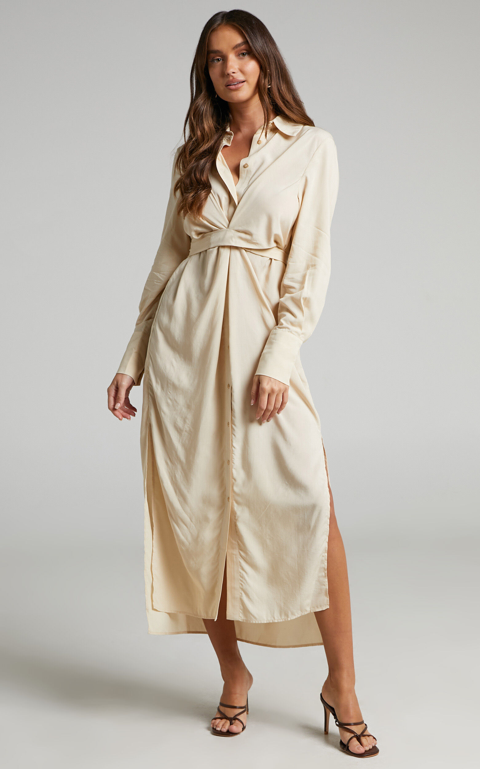 Trinidad Twist Front Button Through Maxi Dress in Sand - 04, BRN2, super-hi-res image number null