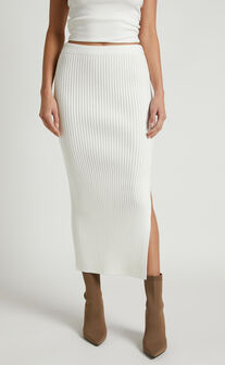 Andalucia Midi Skirt - Ribbed Side Split Skirt in Cream
