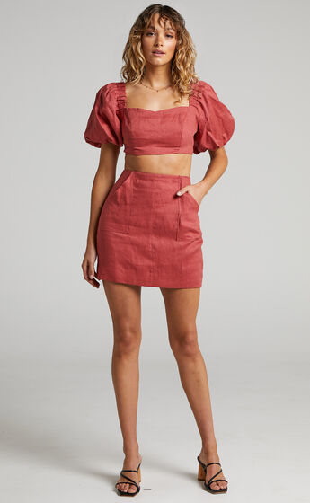 Amalie The Label - Candicia Linen Pocket Detail Bodycon Mini Skirt in Dusty Rose