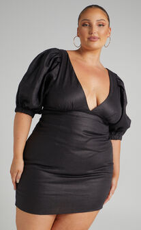 Amalie The Label - Indrisia Linen Puff Sleeve Open Back Bodycon Mini Dress in Black