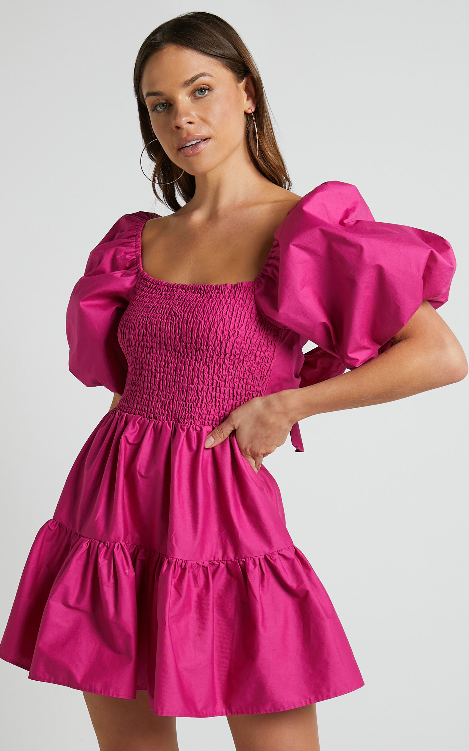 Adanny  Shirred Puff Sleeve Mini Dress in Berry - 06, PNK1, super-hi-res image number null