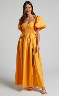 Raiza Maxi Dress - Shirred Waist Puff Sleeve Dress in MARIGOLD