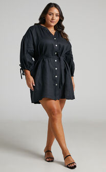 Amalie The Label - Bellafleure Linen Balloon Sleeve Relaxed Button Front Mini Dress in Black