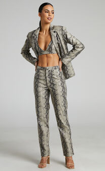 Tyanne - High Waisted  Faux Leather Snake Print Pants in Nude Snake