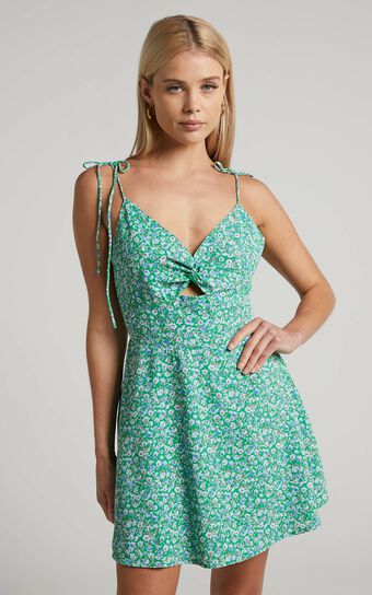 Alayssa Mini Dress - Twist Front Tie Shoulder Dress in Green Ditsy