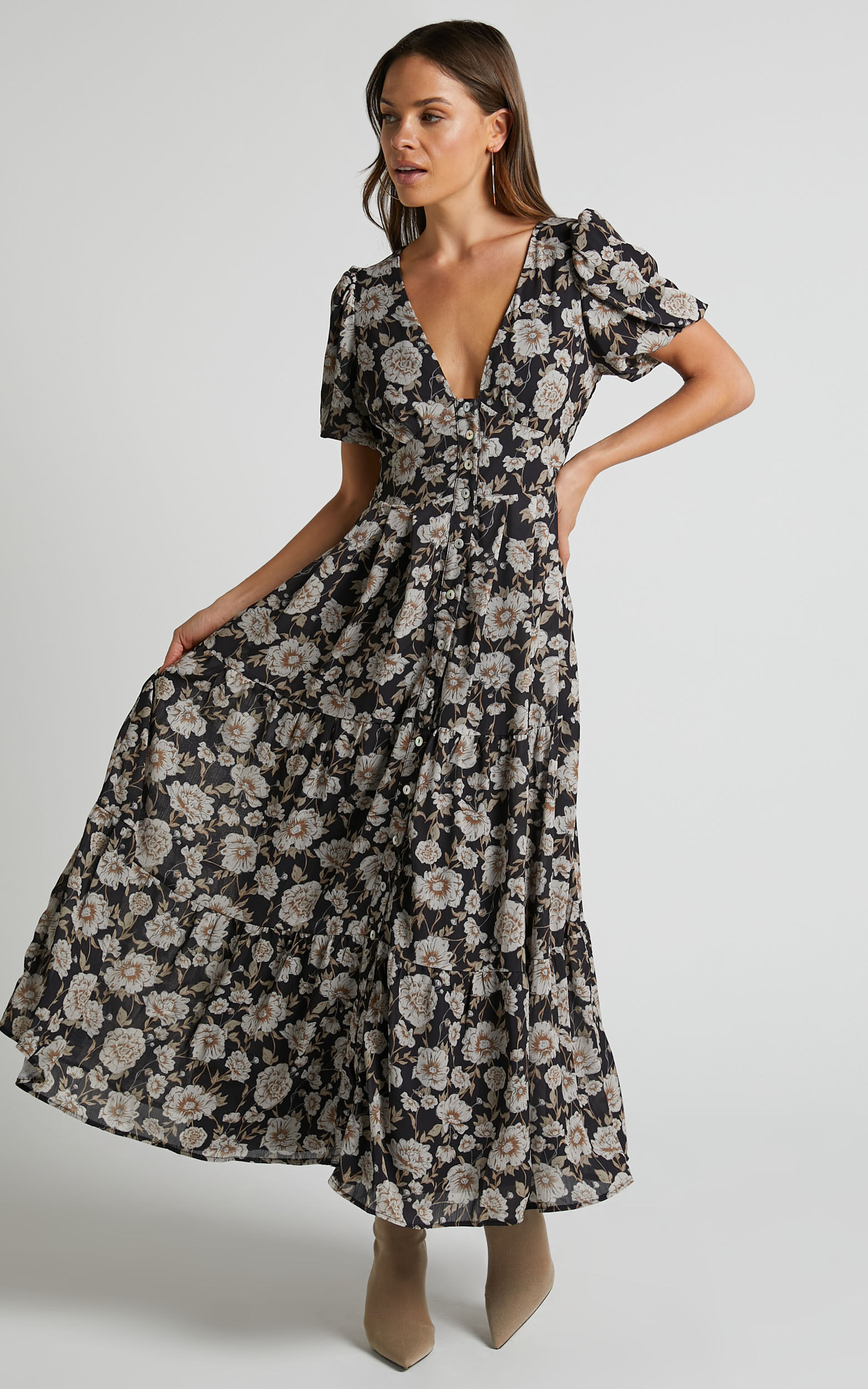 Taiga Midi Dress - Puff Sleeve Button Up Tiered Dress in Golden Floral - 04, BLK1, super-hi-res image number null