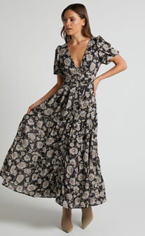Taiga Midi Dress - Puff Sleeve Button Up Tiered Dress in Golden Floral