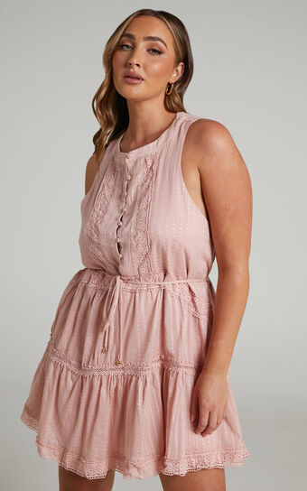 Scotty Button Up Broderie Mini Dress in Dusty Pink