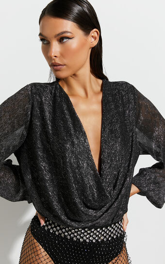 Allanna Bodysuit - Long Sleeve Lurex Bodysuit in Black and Silver