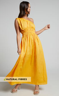 Amalie The Label - Khaila Linen One Shoulder Gathered Waist Maxi Dress in Mango