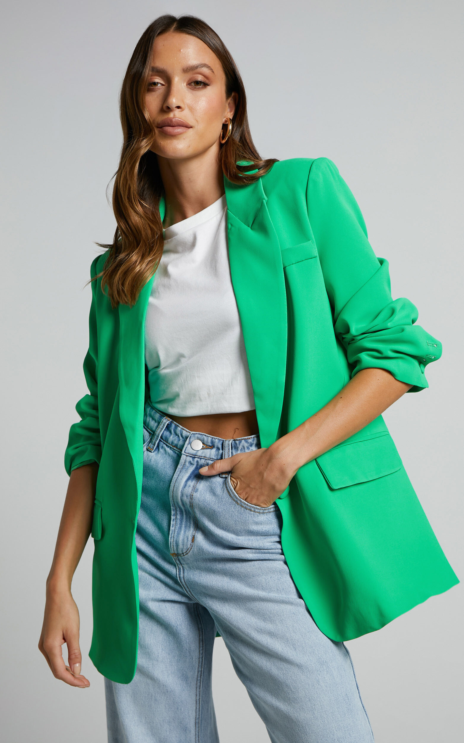 Michelle Oversized Plunge Neck Button Up Blazer in Green - 06, GRN2, super-hi-res image number null