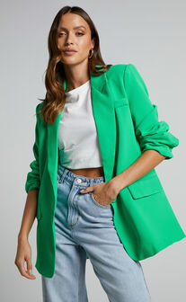 Michelle Blazer - Oversized Plunge Neck Button Up Blazer in Green