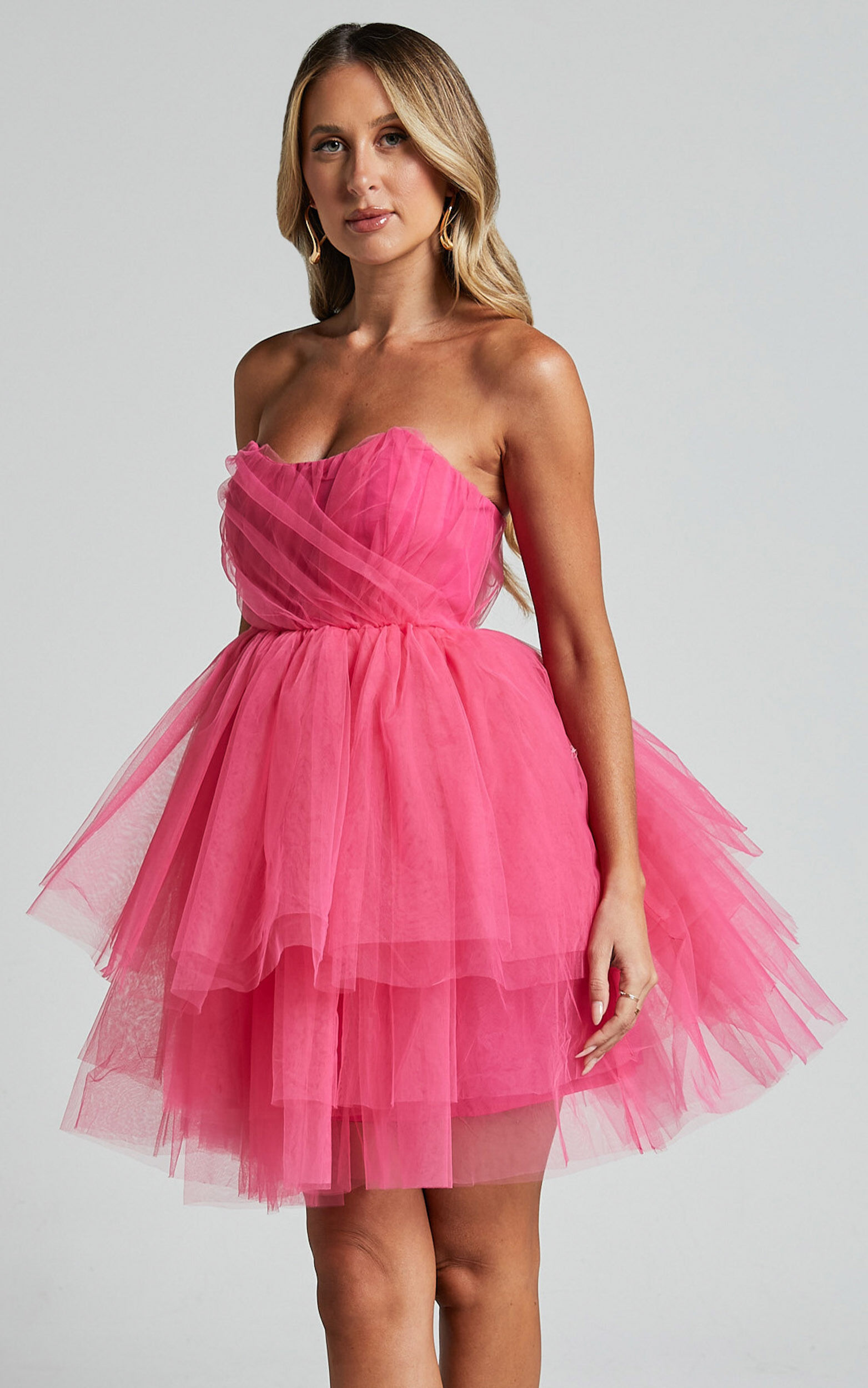 Hot Pink Strapless Tiered Tulle Mini Dress | Womens | Medium (Available in L) | 100% Polyester | Lulus