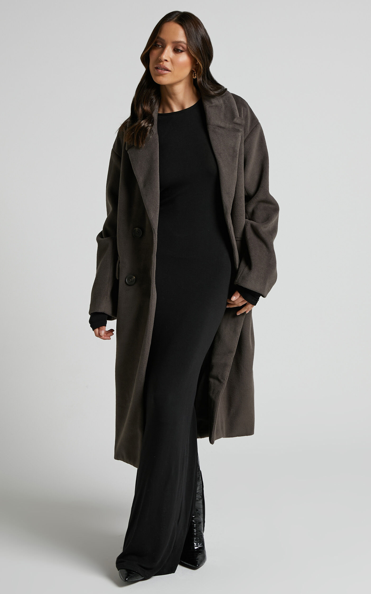 Libee Coat - Double Breasted Longline Coat in Charcoal - 04, GRY1