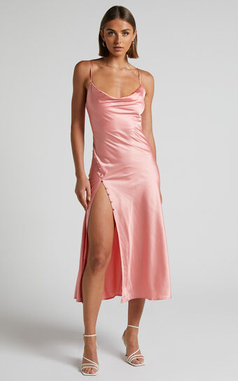 Flordeliza Midi Dress - Cowl Neck Thigh Slit Slip Dress in Peach