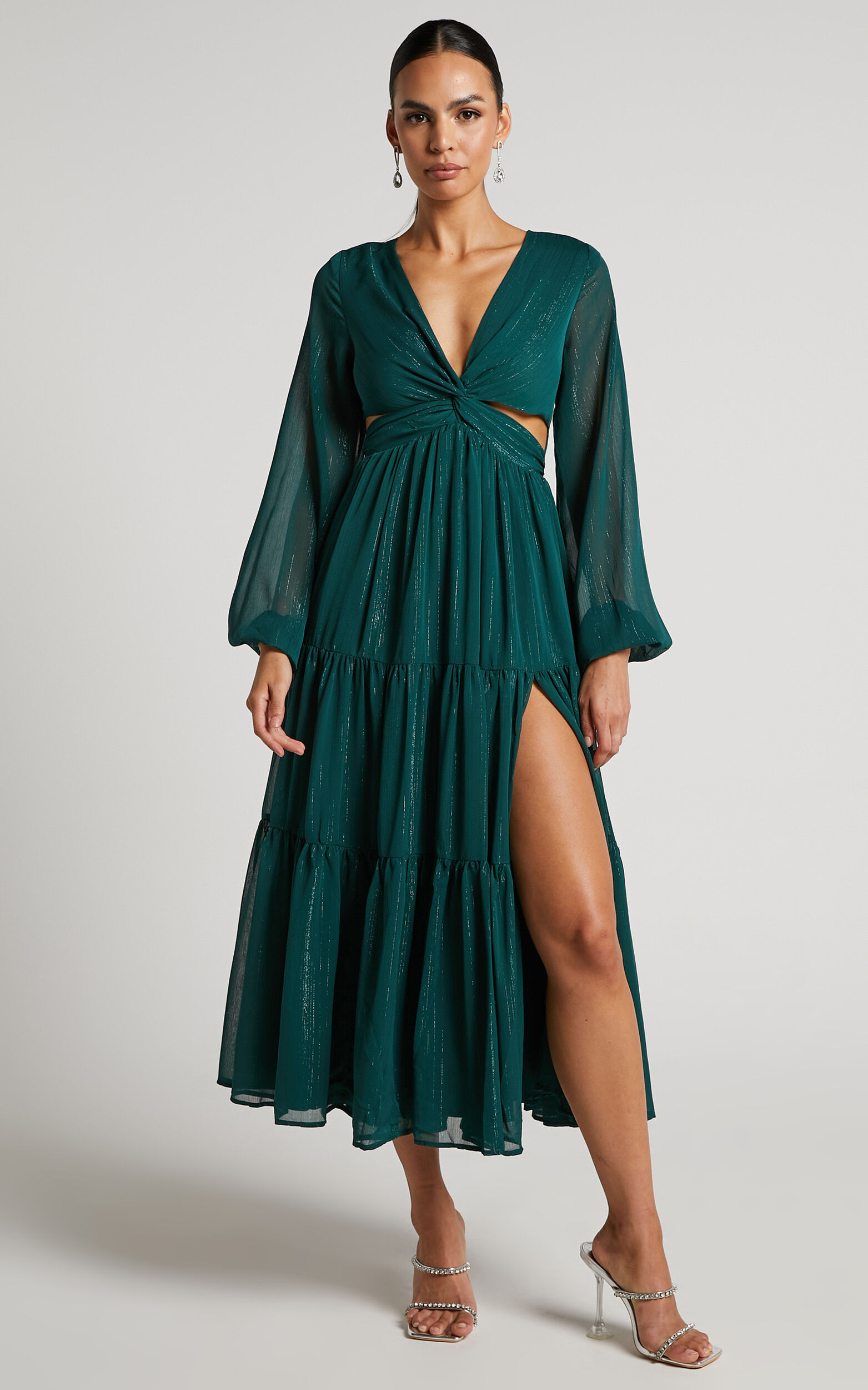 Edelyn Midi Dress - Cut Out Balloon Sleeve Tiered Dress in Emerald - 04, GRN1