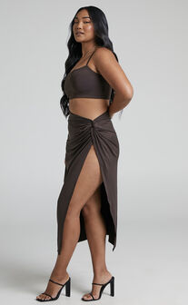 Lalisa Crop Top and Draped Side Split Midi Skirt Two Piece Set in Chocolate