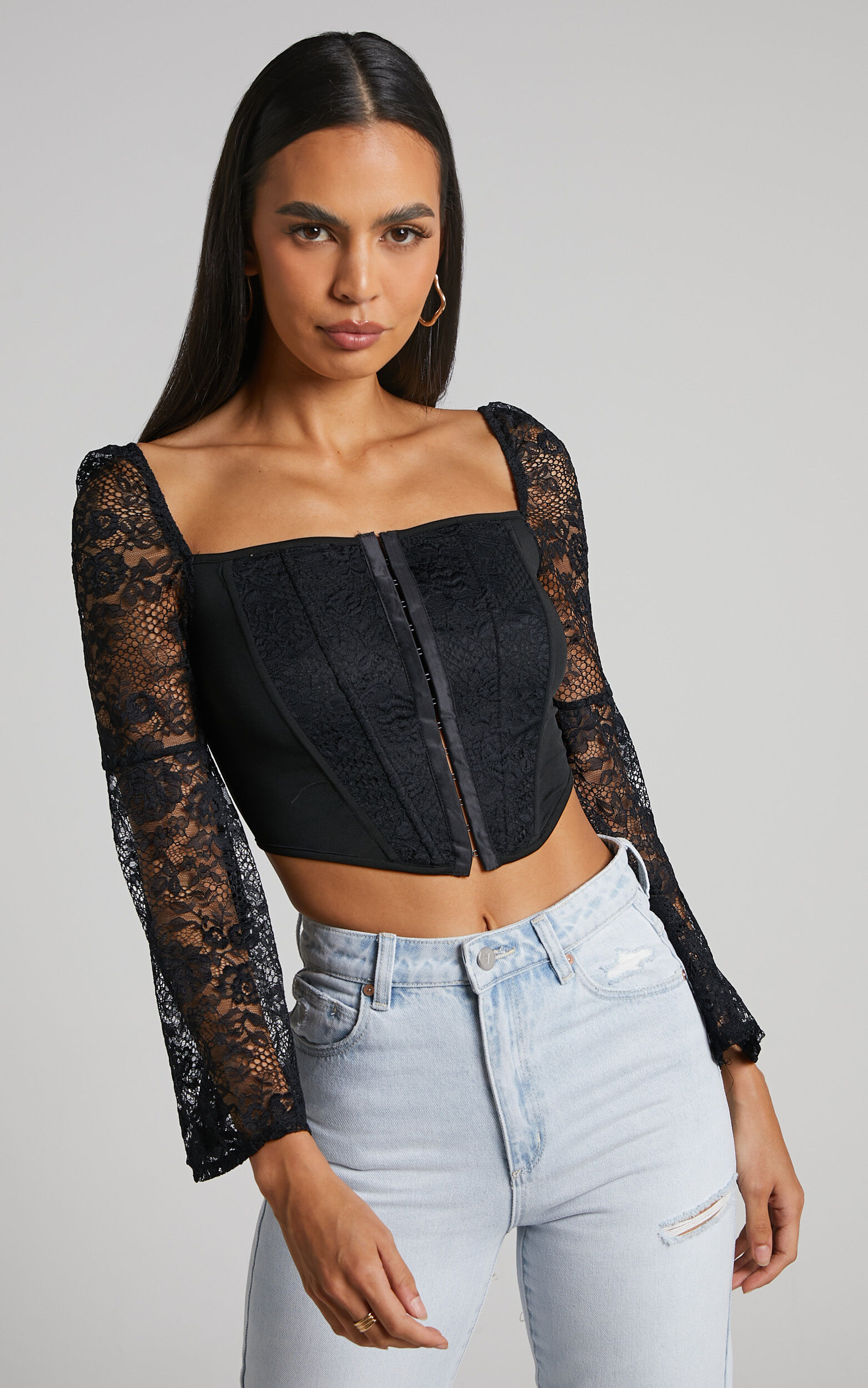 Sienna Top - Lace Bell Sleeve Corset Top in Black - L, BLK1