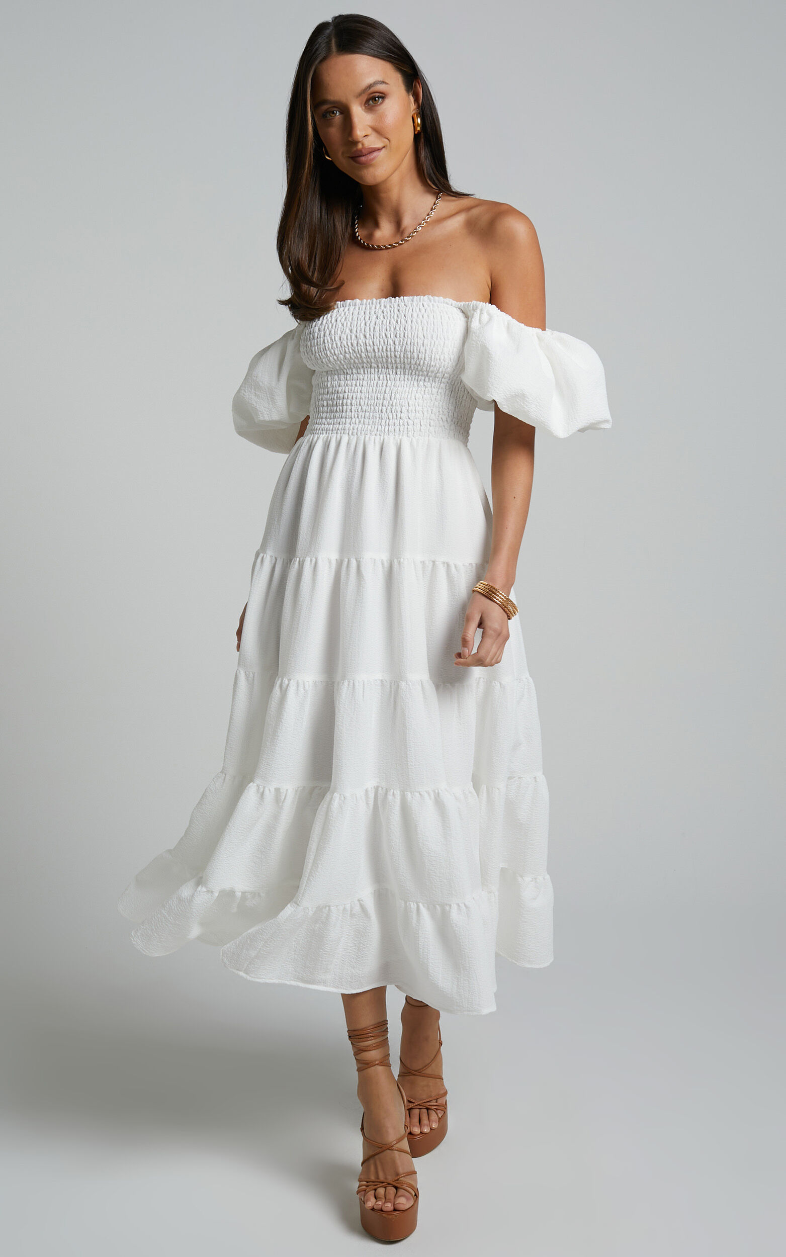 Maxima Midi Dress - Puff Sleeve Shirred Bodice Tiered Dress in White - 06, WHT1