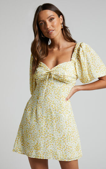 Rhenzy Mini Dress - Puff Sleeve Dress in Sunshine Ditzy