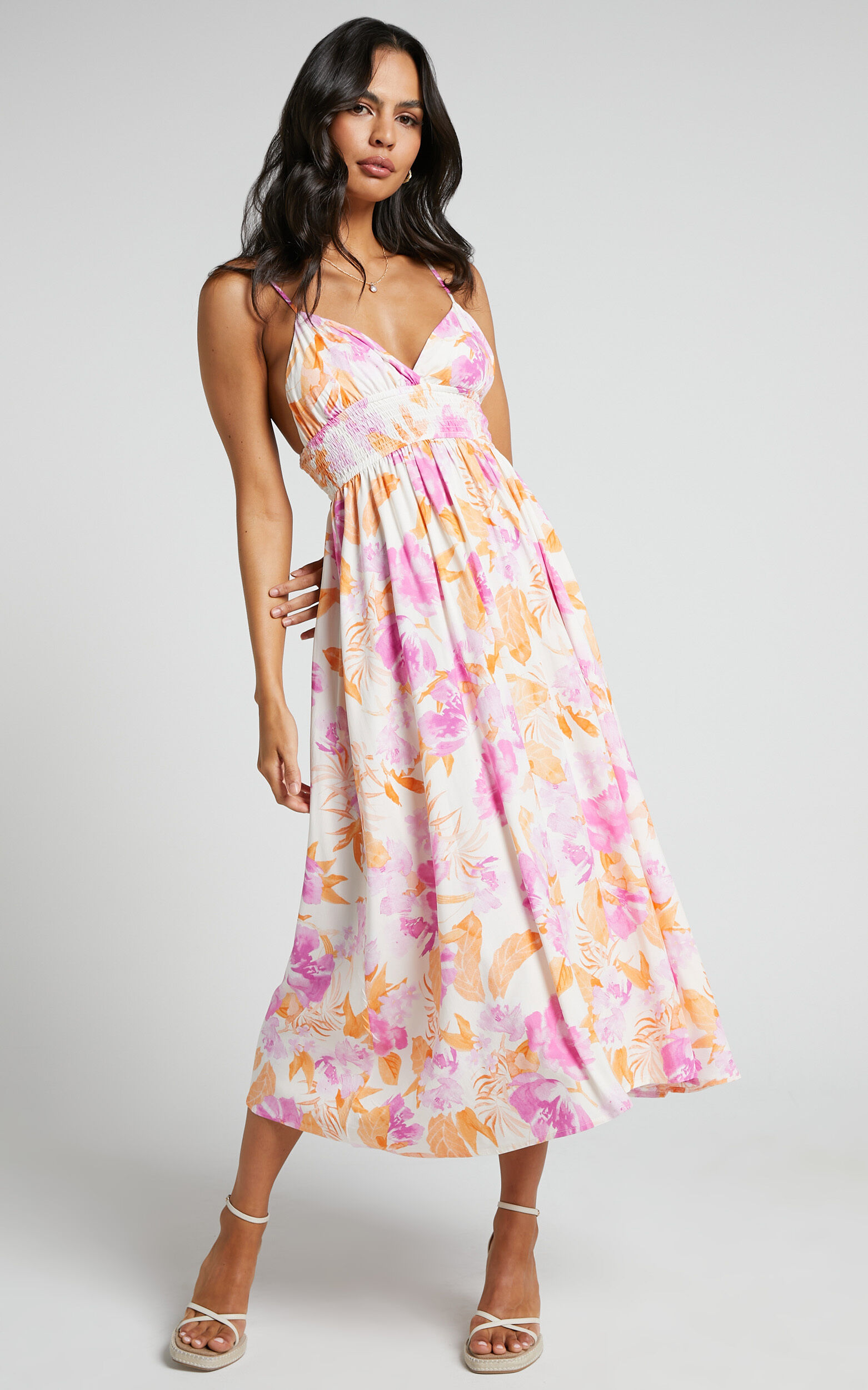 Llewellyn Midi Dress - V Neck Dress in Pink Floral - 06, PNK1, super-hi-res image number null