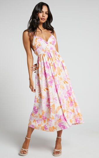 Llewellyn Midi Dress - V Neck Dress in Pink Floral