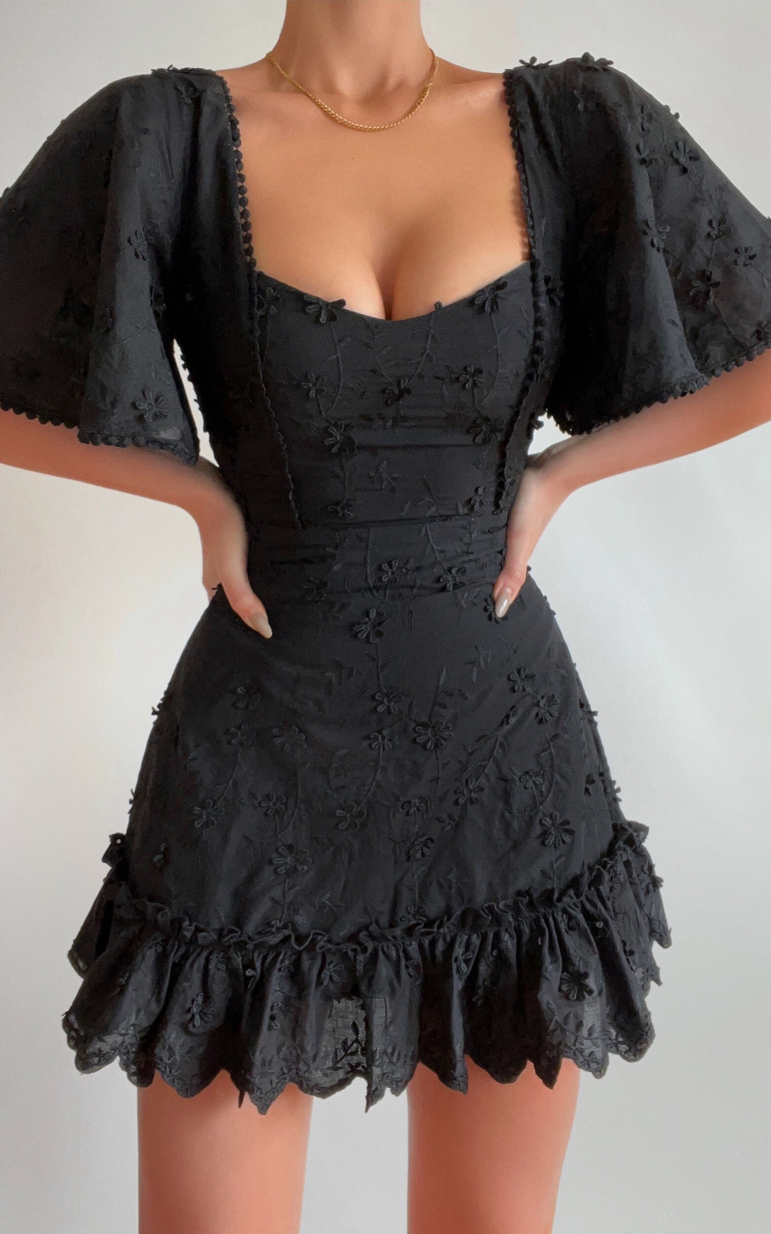 Fancy A Spritz Mini Dress - Square Neck Dress in Black Embroidery - 06, BLK1