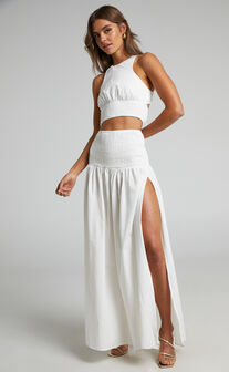 Gracelynn Cut Out Back Racer Top and Shirred Waist Maxi Skirt Two Piece Set in White