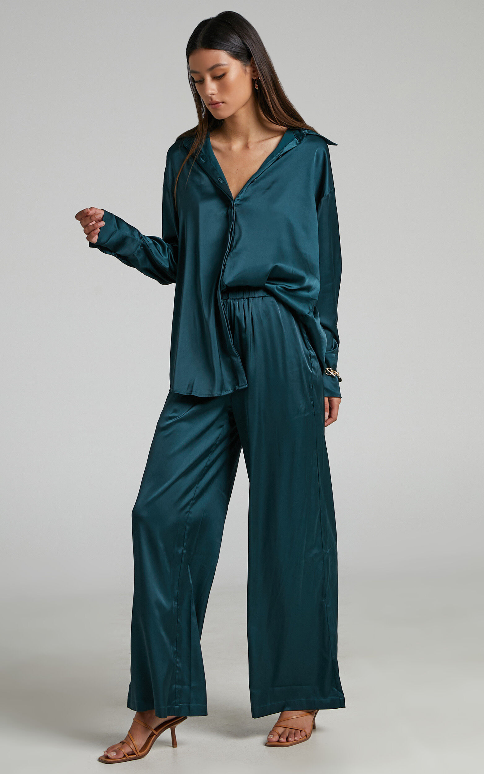 Trianna Two Piece Set - Oversized Satin Shirt and Wide Leg Pants in ...