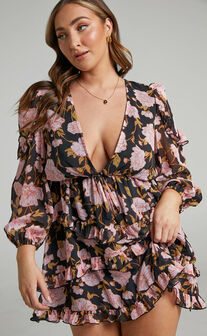 Haidy Long Sleeve Plunge Tiered Mini Dress in Romantic Floral