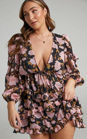 Haidy Long Sleeve Plunge Tiered Mini Dress in Romantic Floral