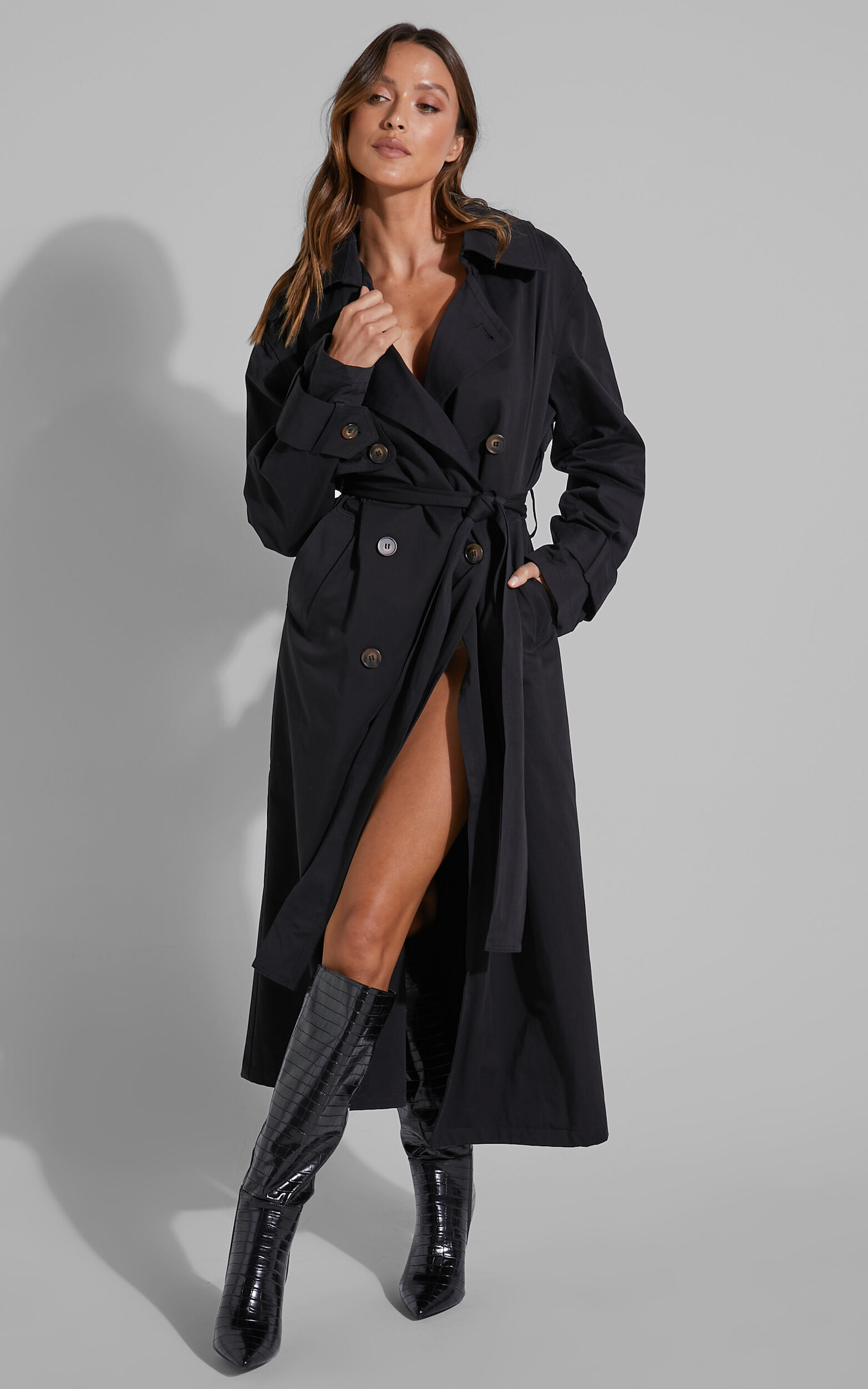 Avah Trench Coat - Double Breasted Tie Waist Coat in Black - 06, BLK2, super-hi-res image number null