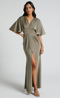 Gemalyn Maxi Dress - Angel Sleeve V Neck Split Dress in Olive