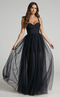 Emmary Bustier Bodice Tulle Gown in Black