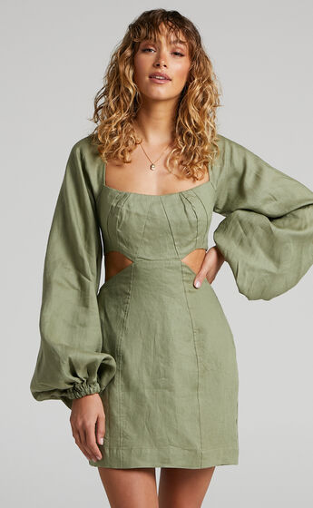 Amalie The Label - Aileen Linen Balloon Sleeve Cut Out Mini Dress in Sage