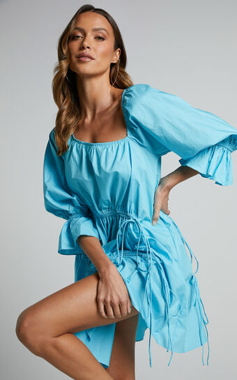 Cameron Asymmetric 3/4 Sleeve Tiered Ruched Smock Mini Dress in Blue