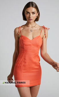 Amalie The Label - Denissia Linen Strappy Open Back Mini Dress in Orange Pop