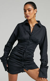Ida Ruched Button Up Shirt Dress in Black