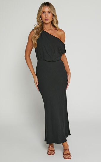 Jacqueline Midaxi  Dress - One Shoulder Linen Look in Black