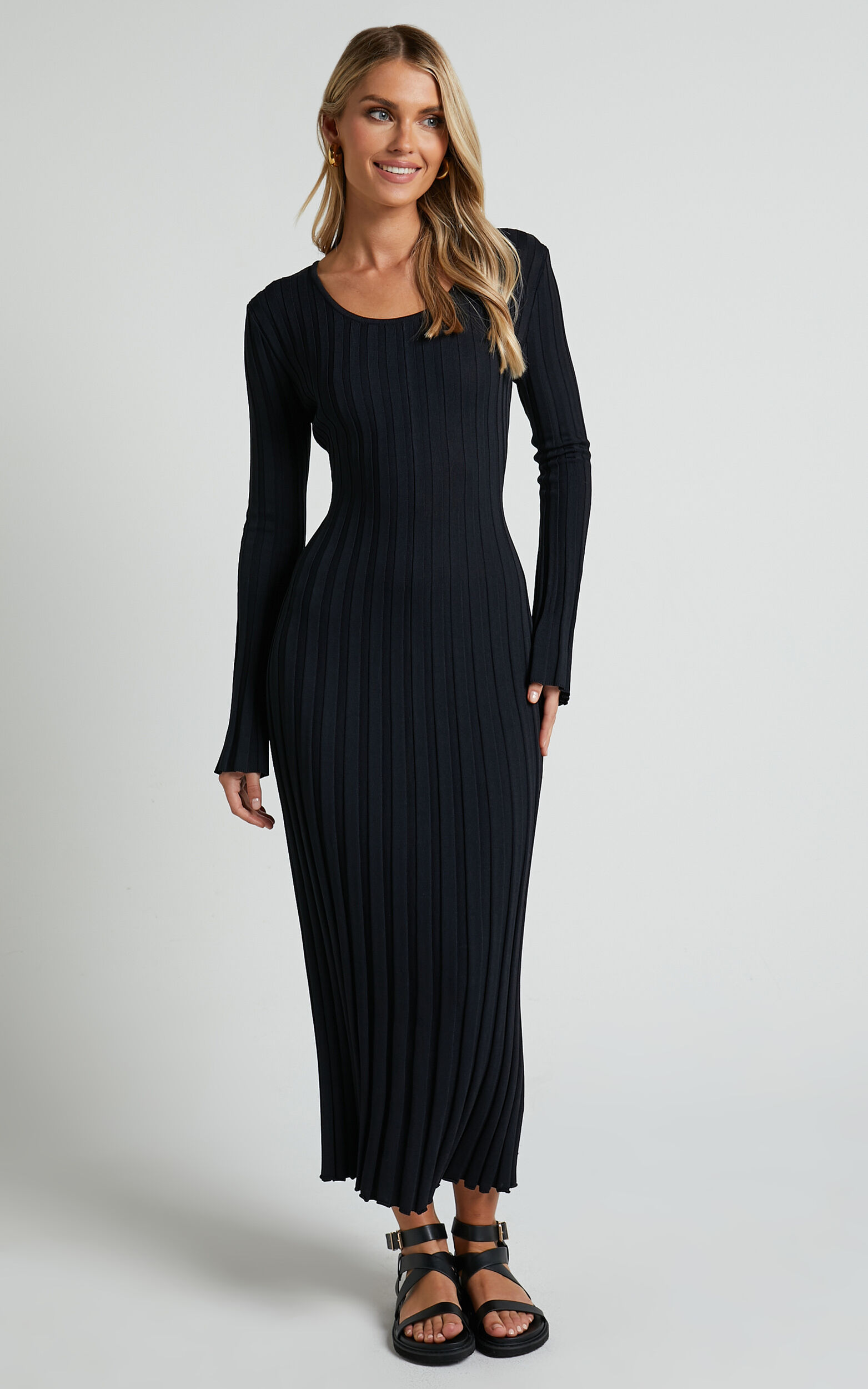 Blaire Midi Dress - Long Sleeve Tie Back Flare Dress in Black - 06, BLK1