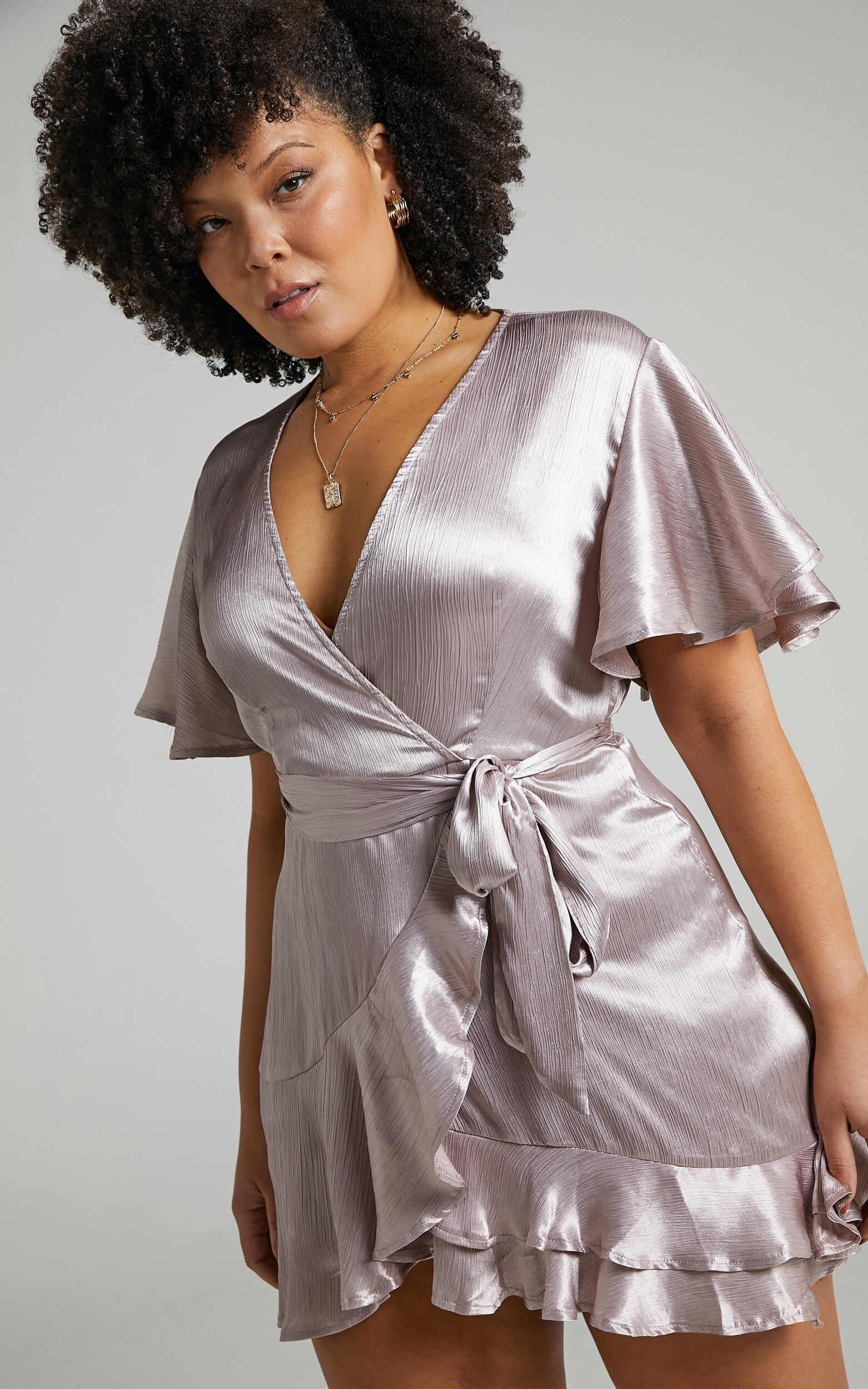 All I Want To Be Ruffle Mini Dress in Silver Satin - 04, SLV4, super-hi-res image number null