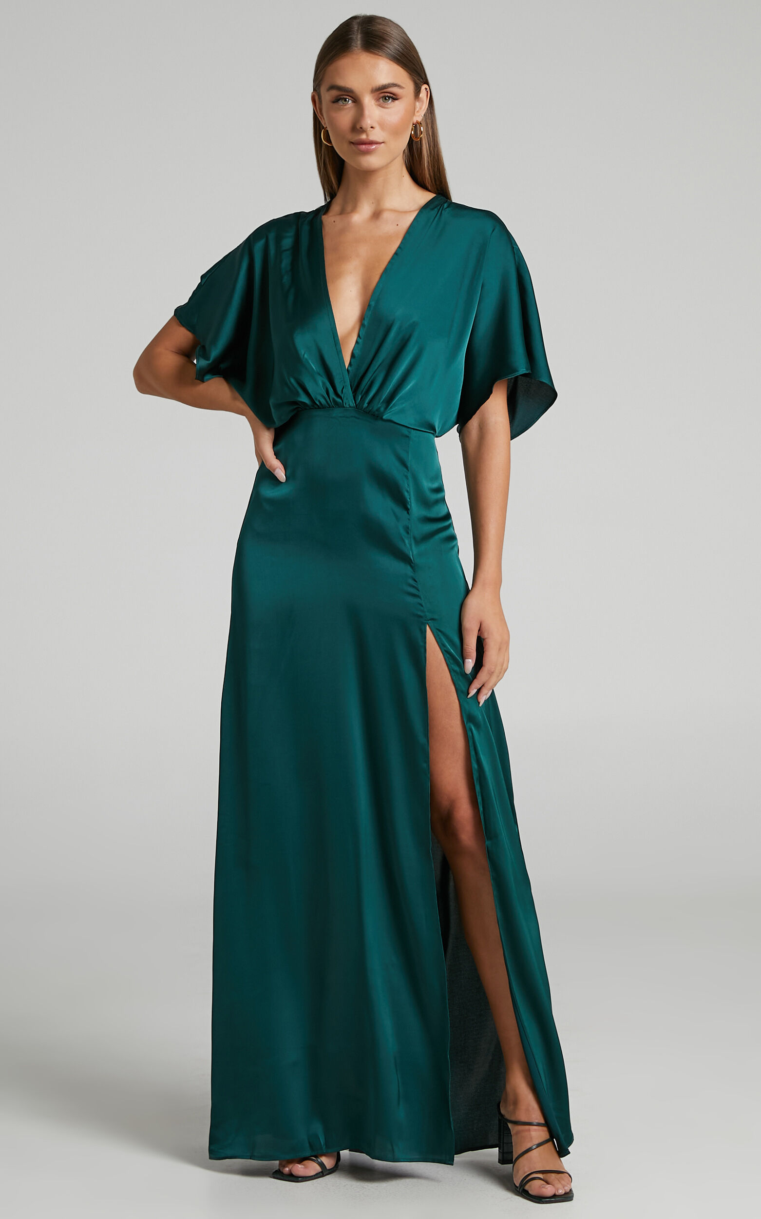Azrael Maxi Dress - Angel Sleeve Thigh Split Plunge Neck Satin Dress in Emerald - 04, GRN2, super-hi-res image number null