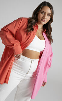 Roewe Colour Block Oversized Button Up Shirt in Oxy Fire & Pink