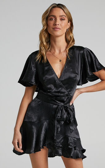 All I Want To Be Mini Dress - Ruffle Wrap Dress in Black Satin