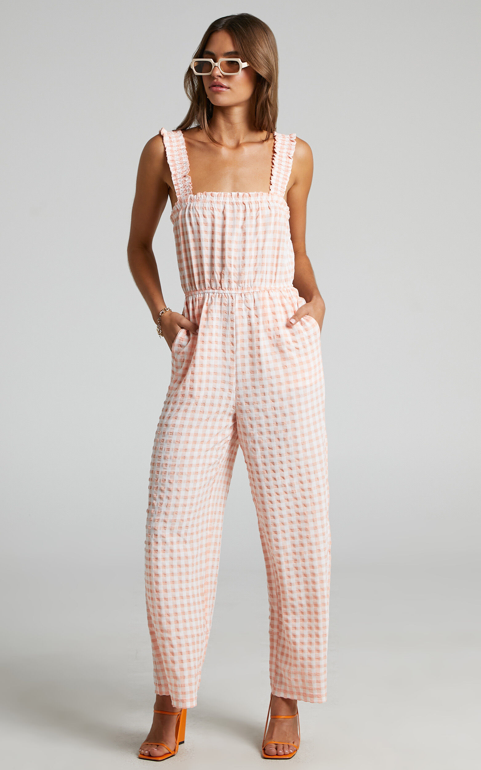 Zilliah Elastic Frill Strap Jumpsuit in Peach Gingham - 06, ORG1, super-hi-res image number null