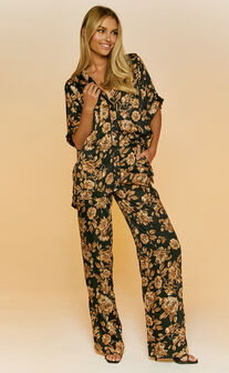 Laila Pants -  High Waisted Wide Leg Pants in Black Floral