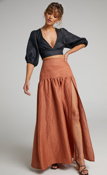 Amalie The Label - Athena Linen Side Split Maxi Skirt in Rust