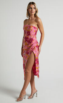 Brailey Midi Dress - Thigh Split Strapless Dress in Pink Jacquard