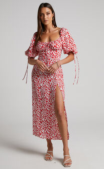 Rosario Midaxi Dress - Ruched Bust Puff Sleeve Dress in Red Ditsy Floral