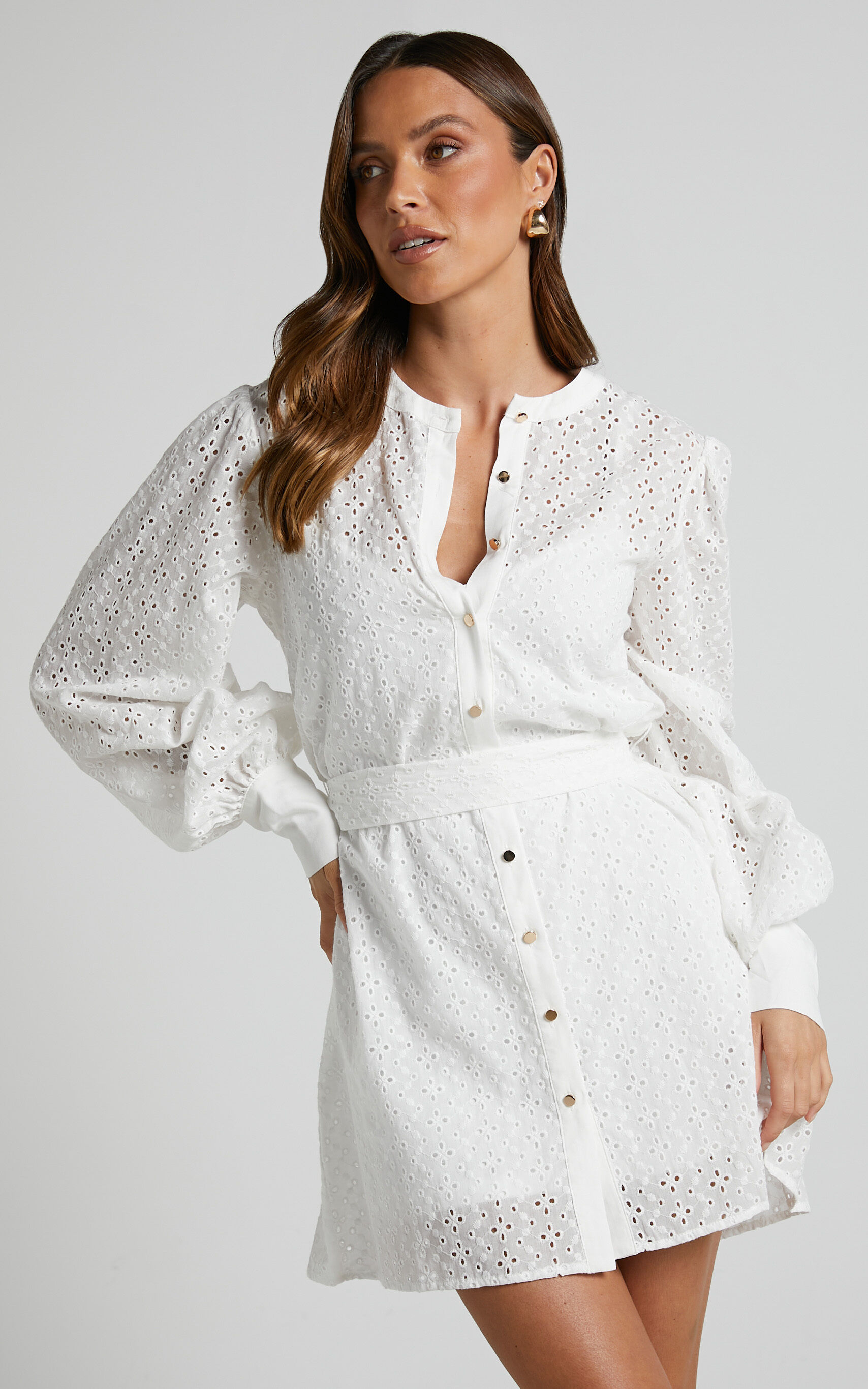 Felize Broderie Anglaise Mini Shirt Dress in White - 04, WHT1, super-hi-res image number null